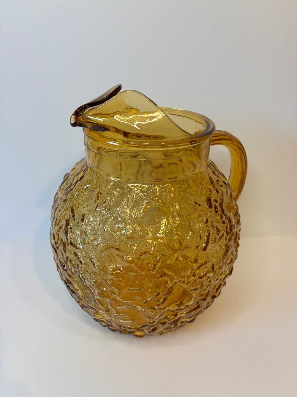 1960's Anchor Hocking Vintage Amber Honey Glass Ball Pitcher With Ice Lip